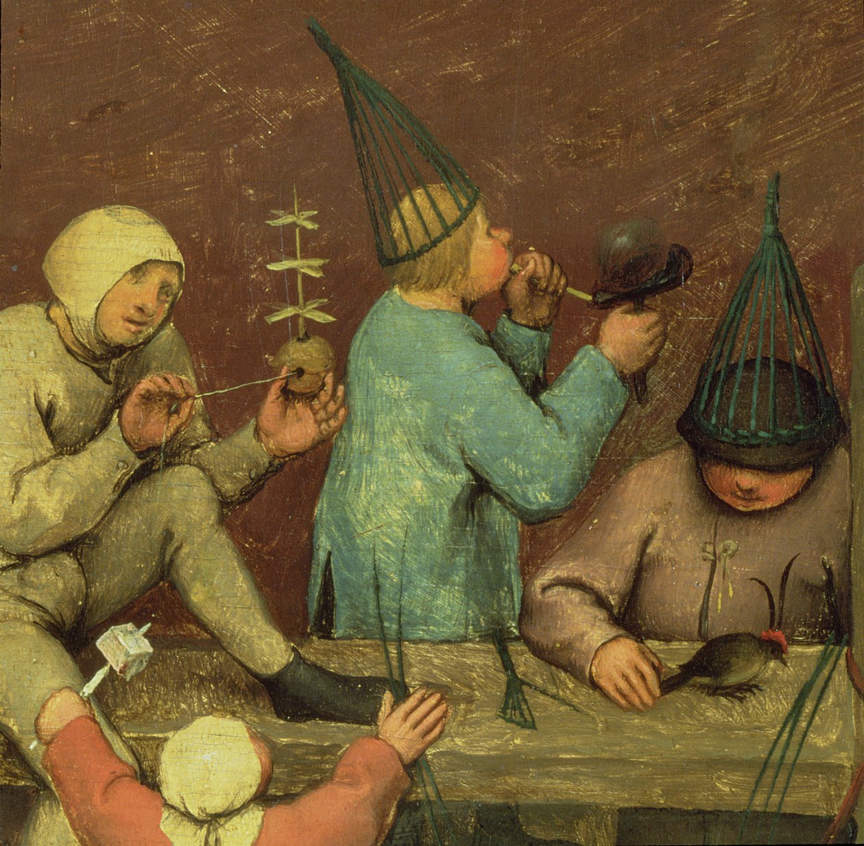 Lasten pelit (Kinderspiele): yksityiskohta vasemmanpuoleisesta osasta, jossa lapset tekevät leluja ja puhaltavat kuplia, 1560 (68945:n yksityiskohta) tekijältä Pieter Bruegel the Elder
