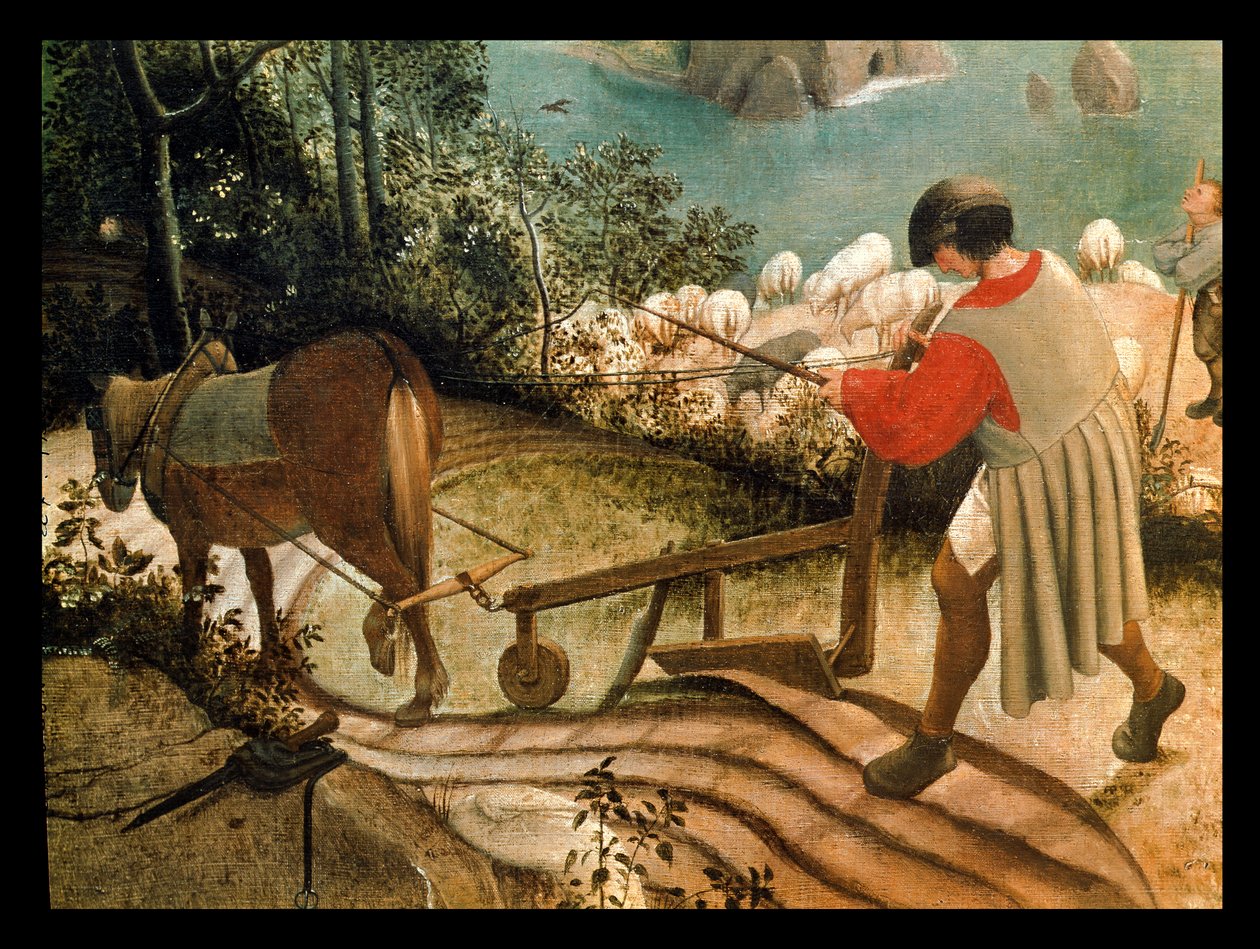 Maisema Ikaroksen putoamisella, yksityiskohta kyntöä tekevästä miehestä, noin 1555. tekijältä Pieter Bruegel the Elder