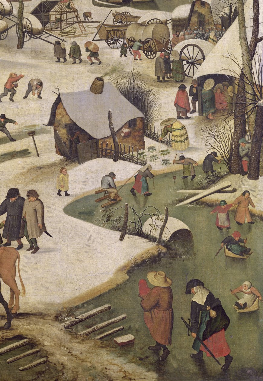 Betlehemin väestölaskenta, yksityiskohta lapsista, jotka leikkivät jäätyneellä joella tekijältä Pieter Bruegel the Elder