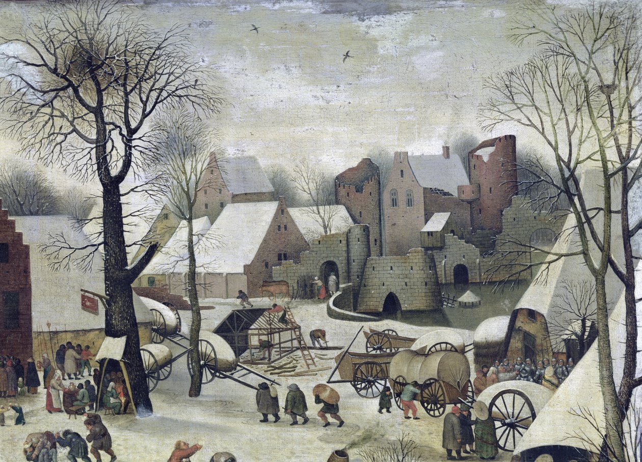 Betlehemin väestölaskenta, yksityiskohta taloista ja linnoituksia tekijältä Pieter Bruegel the Elder