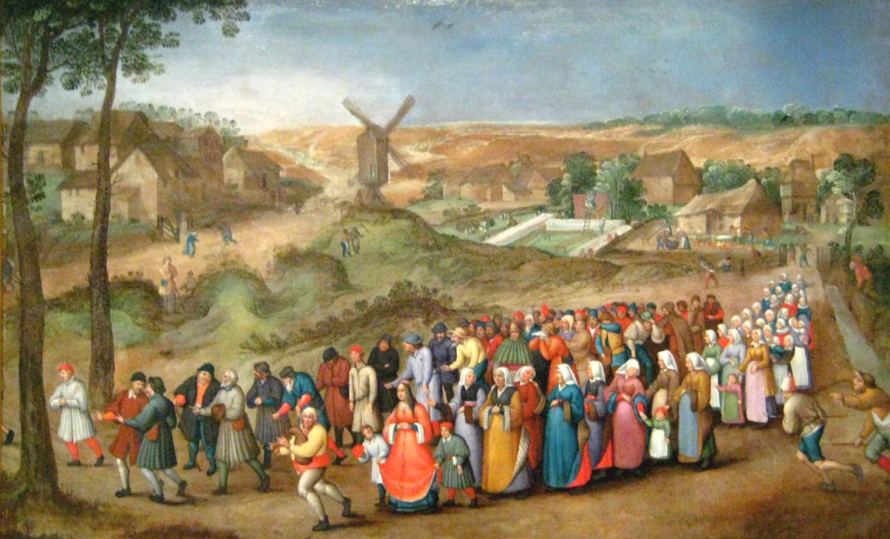Hochzeitsprozession vor einer Landschaft tekijältä Pieter Brueghel the Younger
