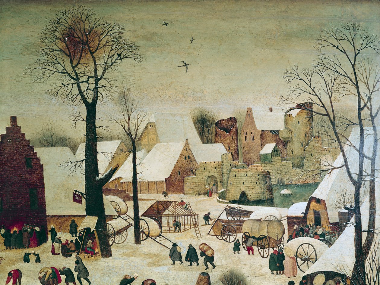 Betlehemin väestölaskenta, yksityiskohta taloista ja linnoituksia tekijältä Pieter Brueghel the Younger