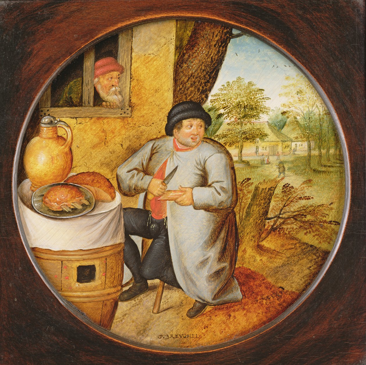 Mies, joka leikkaa puuta ja lihaa samalla veitsellä tekijältä Pieter Brueghel the Younger