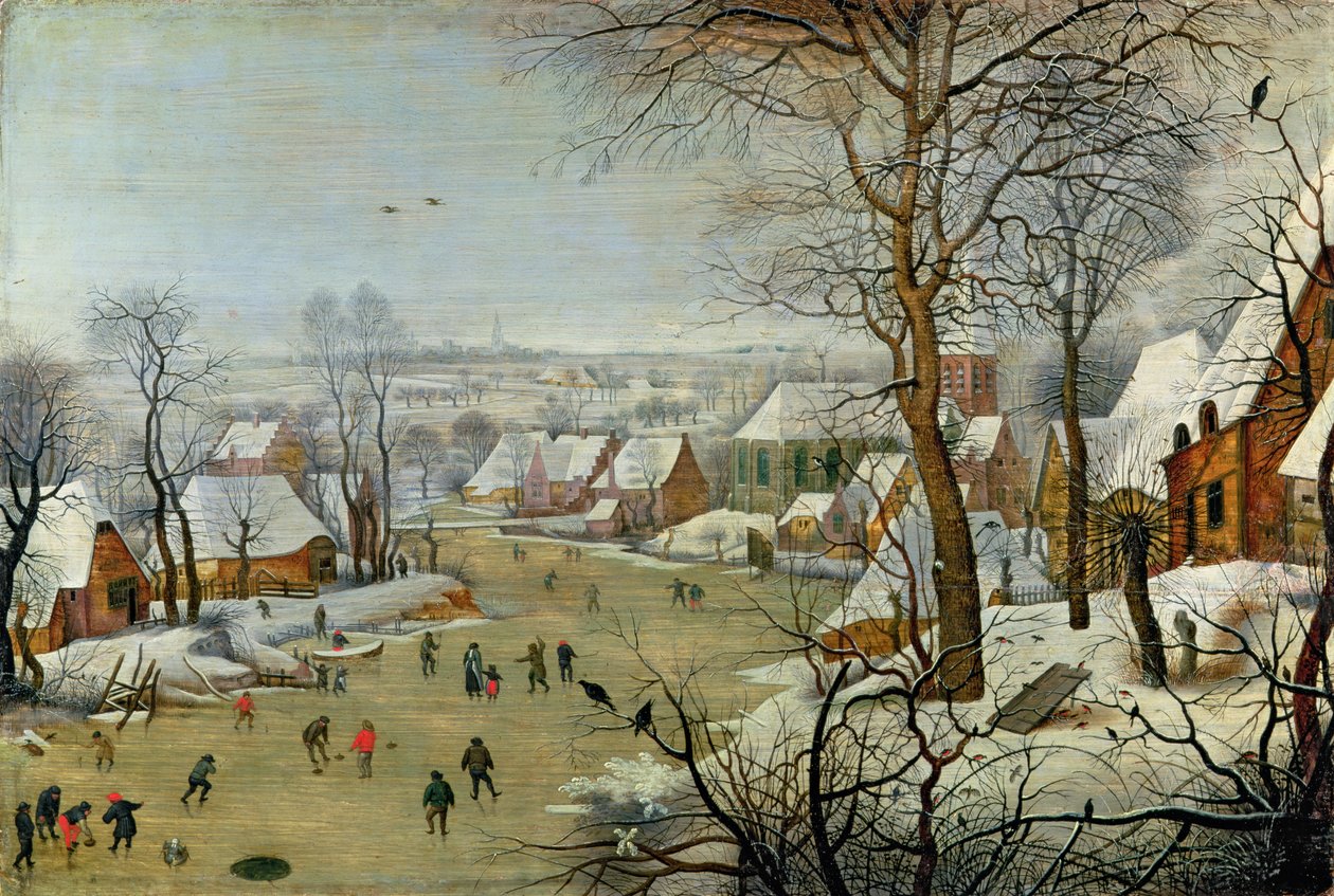 Talvimaisema luistelijoiden ja lintuansan kanssa tekijältä Pieter Brueghel the Younger