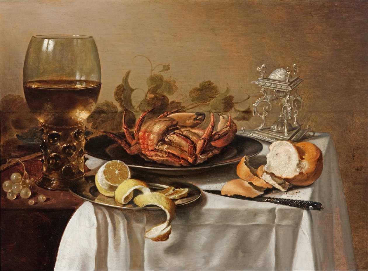Asetelma roemerin, taskurapun ja kuoritun sitruunan kanssa tekijältä Pieter Claesz