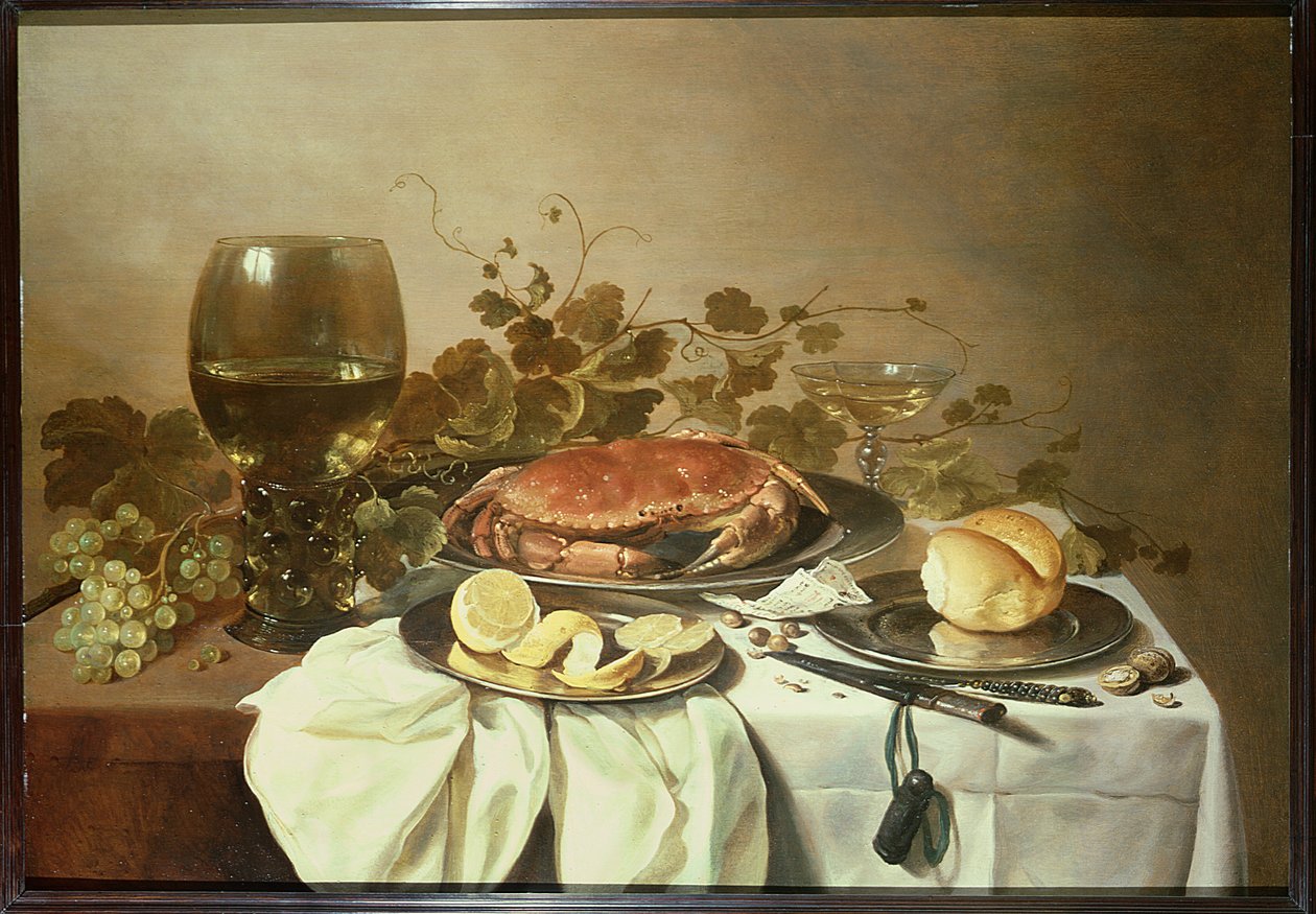Aamiainen asetelma roemerin ja rapun kanssa tekijältä Pieter Claesz