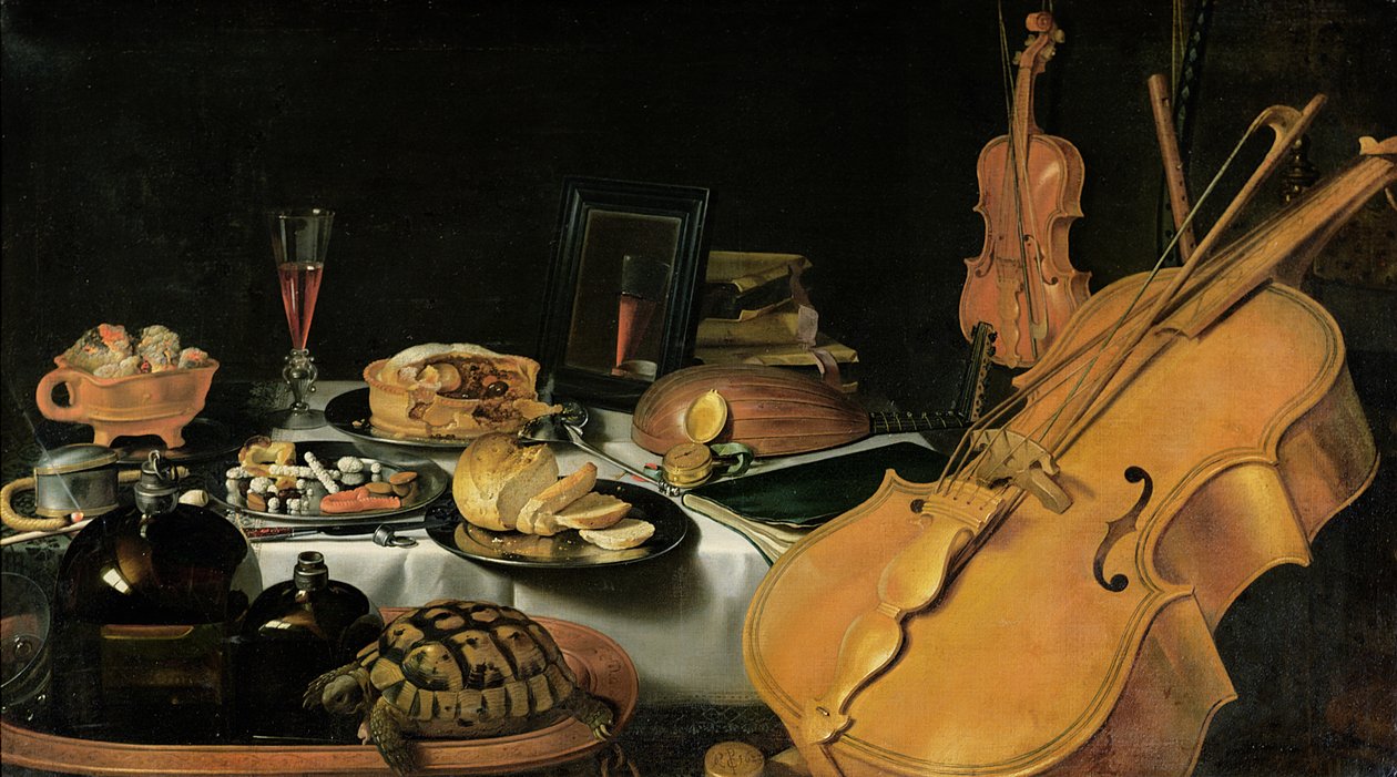 Asetelma soittimien kanssa, 1623 tekijältä Pieter Claesz