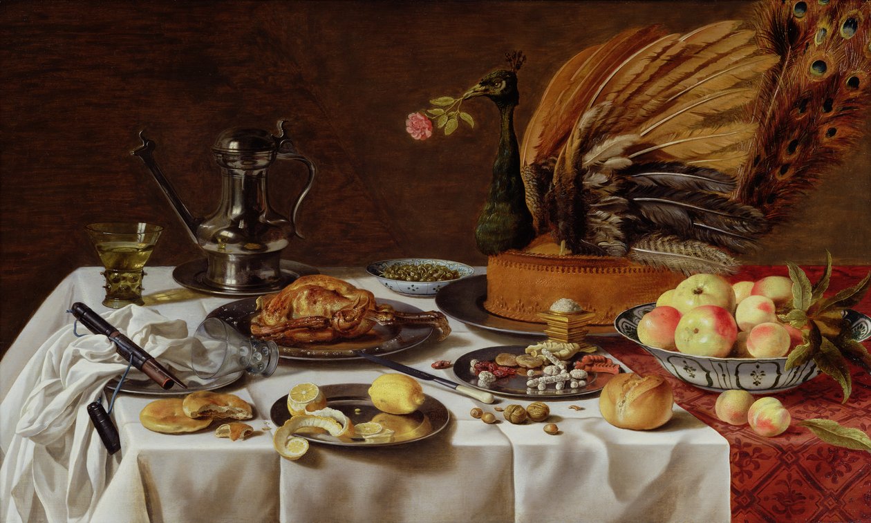 Asetelma riikinkukkopiirakan kanssa, 1627 tekijältä Pieter Claesz