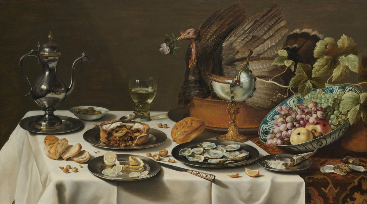 Asetelma kalkkunapiirakan kanssa tekijältä Pieter Claesz
