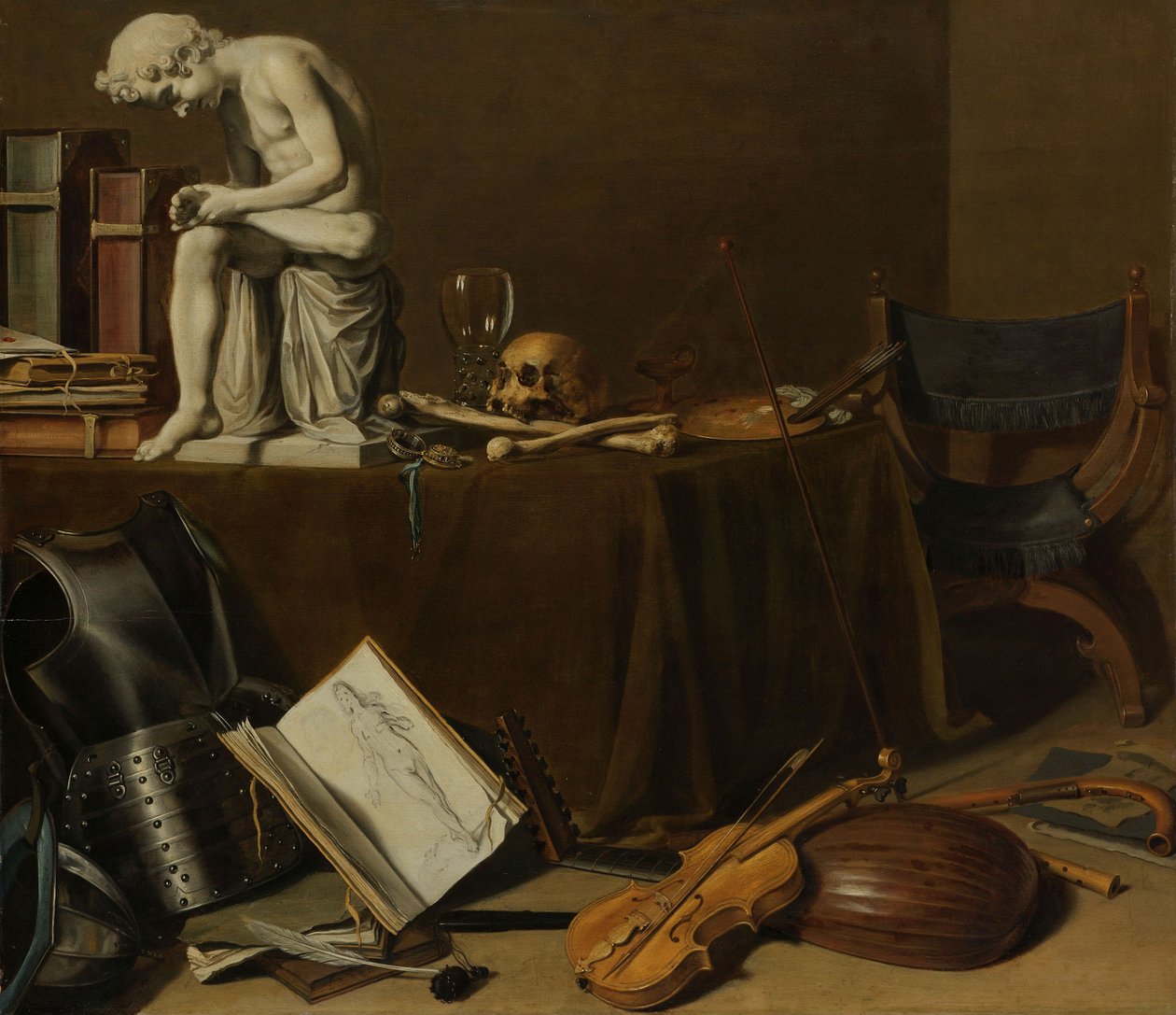 Vanitas-asetelma Spinario kanssa, 1628 (öljy paneelille, leveys 71,5 cm × leveys 80,5 tekijältä Pieter Claesz