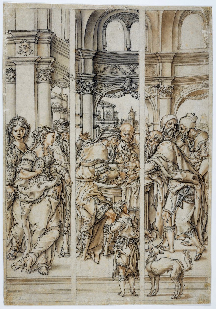 Kristuksen ympärileikkaus, lasimaalauksen muotoilu tekijältä Pieter Coecke van Aelst