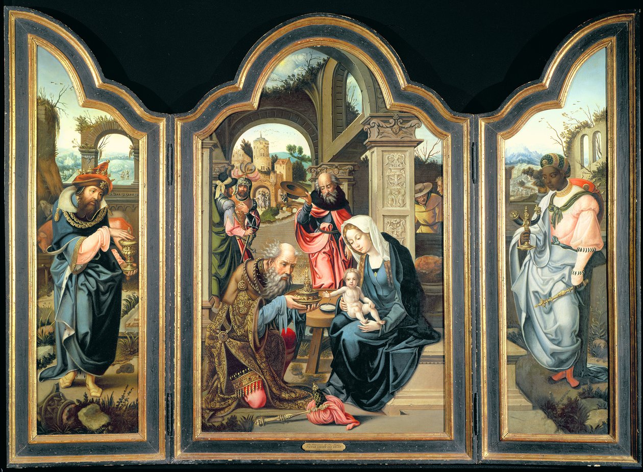 Taikaiden palvontaa kuvaava triptyykki, n. 1600 tekijältä Pieter Coecke van Aelst