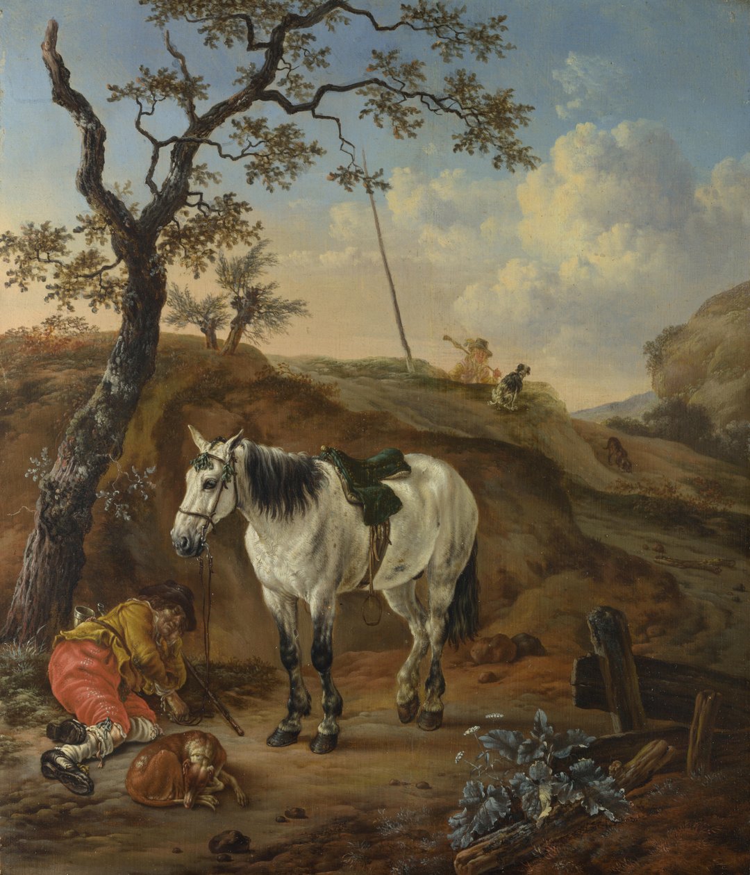 Valkoinen hevonen seisovan nukkuvan miehen vieressä tekijältä Pieter Cornelisz. Verbeeck