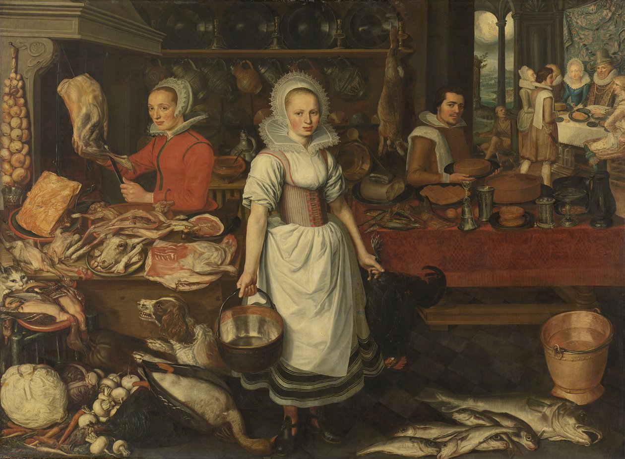 Keittiön kohtaus vertauksen kanssa rikkaasta miehestä ja köyhästä Lasaruksesta tekijältä Pieter Cornelisz van Rijck  