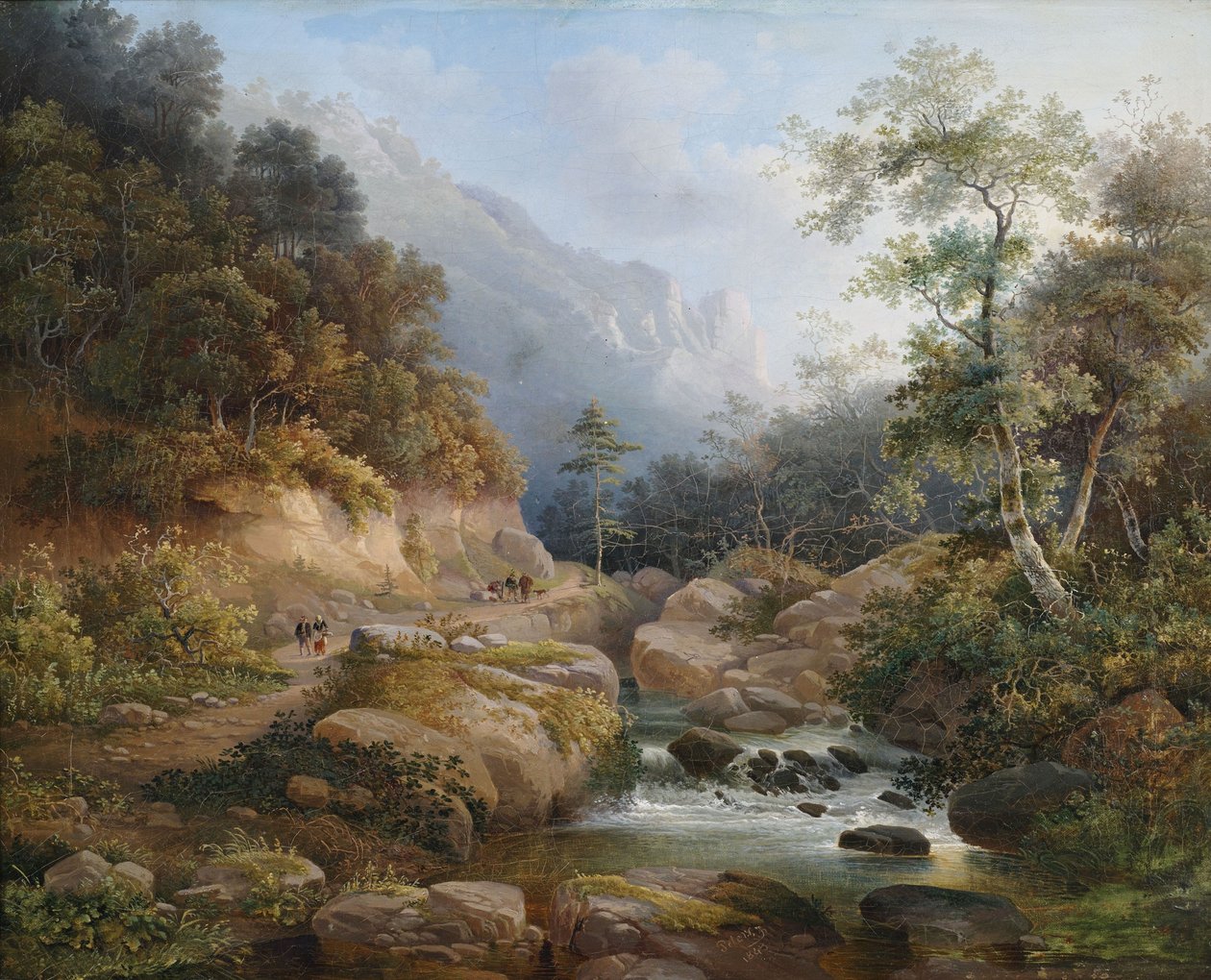 Gebirgige Flusslandschaft mit Figurenstaffage tekijältä Pieter Francis Peters