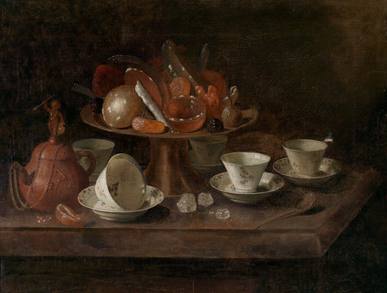 Stillleben mit Schokoladentassen und einer Tazza mit Naschwerk tekijältä Pieter Gerritsz. van Roestraten