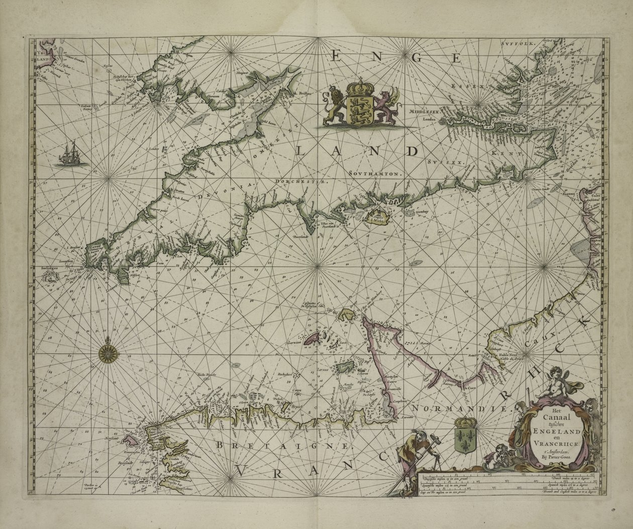 Kanavan antiikkikartta, 1666 (värikaiverrus) tekijältä Pieter Goos
