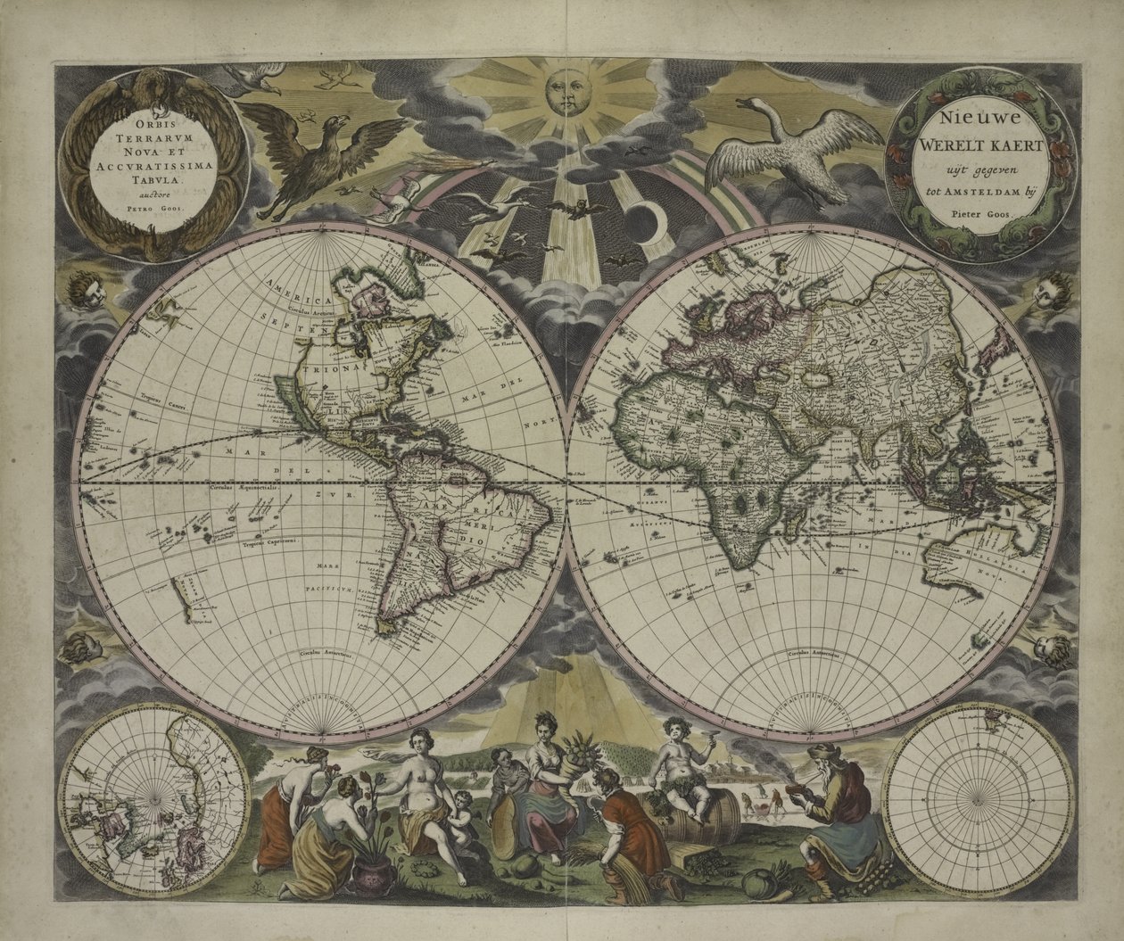 Kaksipuolinen maailmankartta Goosin vesimaailman meriatlasista, 1672 (käsinvärinen kaiverrus) tekijältä Pieter Goos