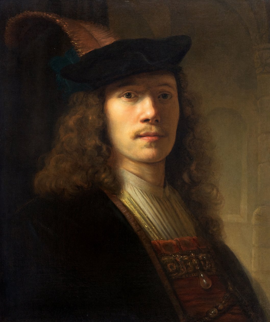 Muotokuva höyhenpeitteisestä baretista varjostetuilla silmillä tekijältä Pieter Hermansz Verelst