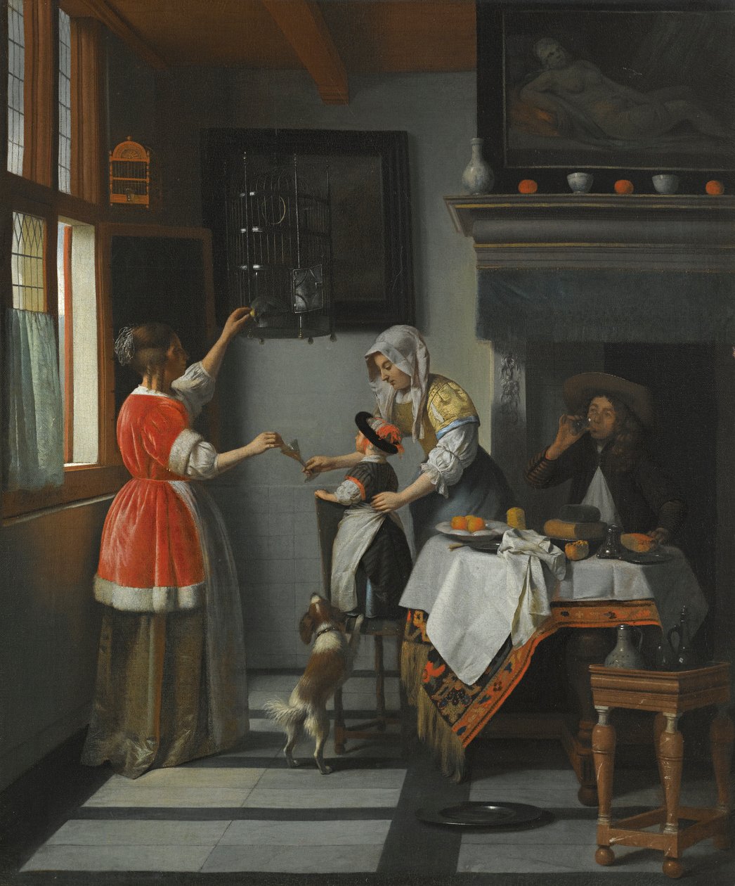 Sisustus lapsen kanssa, joka ruokkii papukaijaa tekijältä Pieter de Hooch