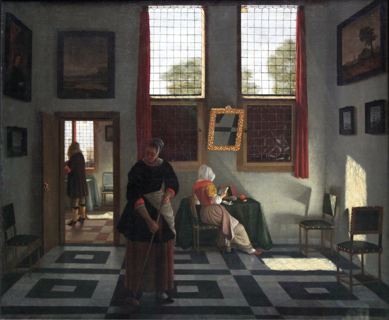Interieur mit Maler, vuokraaja Dame und kehrender Magd tekijältä Pieter Janssens