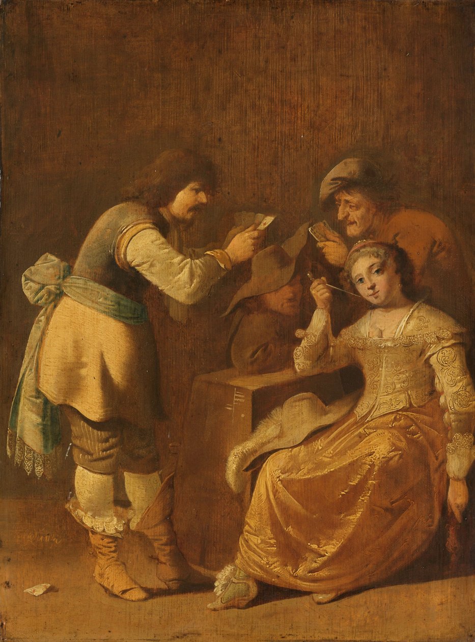 Kortinpelaajat piippua polttavan naisen kanssa, 1630-47 tekijältä Pieter Jansz. Quast