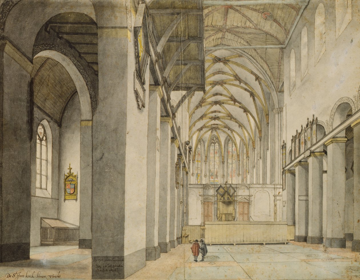 Sisäkuva itään, Johanneskirche, Utrecht, 15. syyskuuta 1636 (kynä kynällä ja akvarelli paperilla) tekijältä Pieter Janszoon Saenredam
