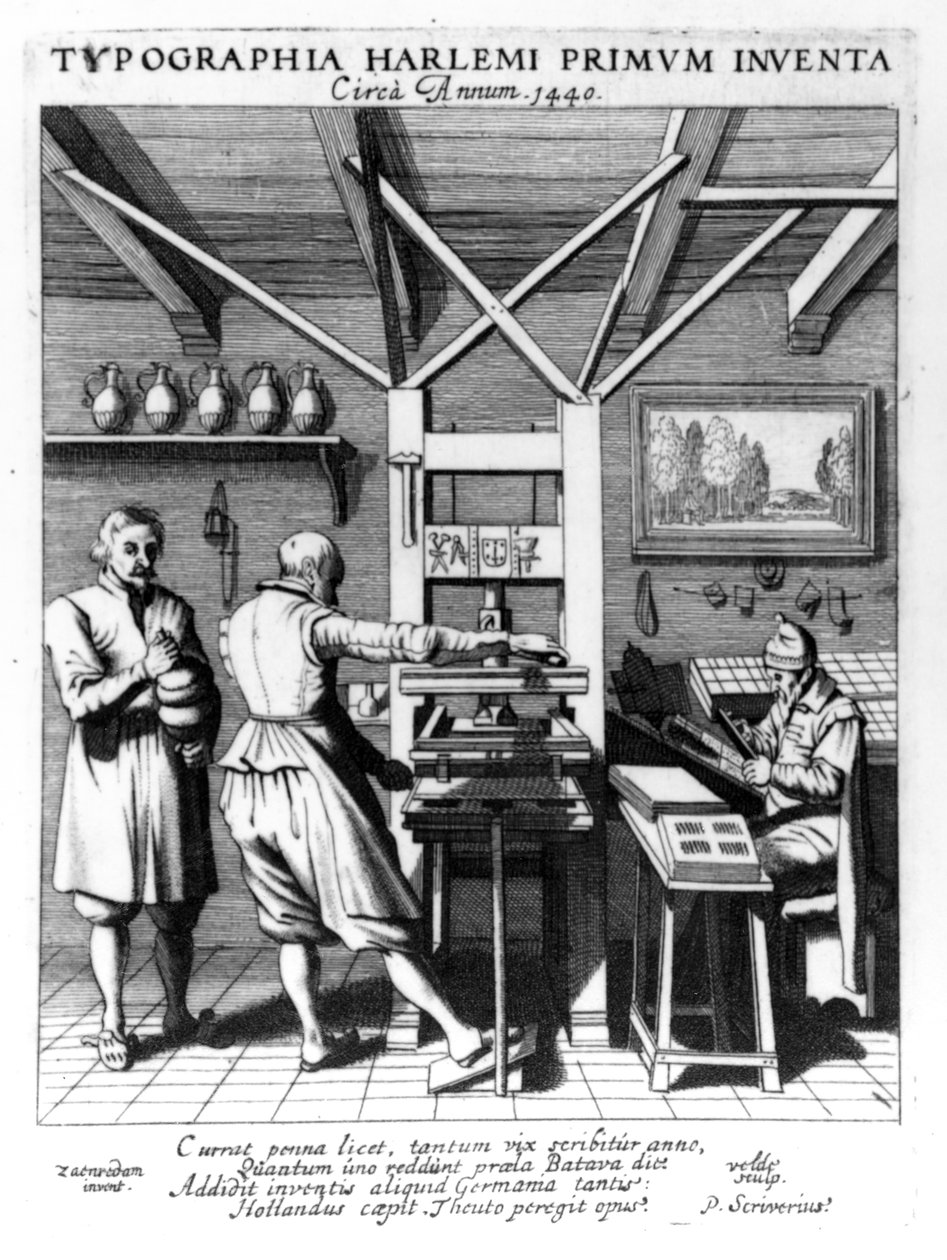 Laurens Janszoon Kosterin sidos, kaiverrettu J. van der Velde, julkaistu Petrus Scriveriuksen teoksessa "Laure-crans voor Laurens Coster van Haelrem, Berste Vinder vande Boeck-druckery", 1628 (kaiverrus) tekijältä Pieter Janszoon Saenredam