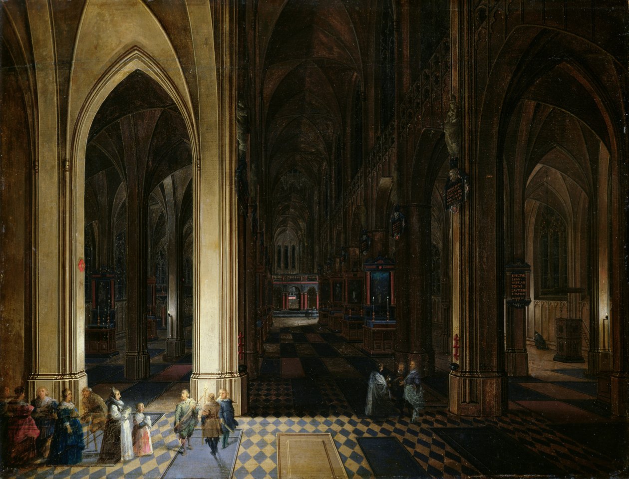 Antwerpenin katedraalin sisustus kynttilän ja soihdun valossa, tekijältä Pieter Neefs