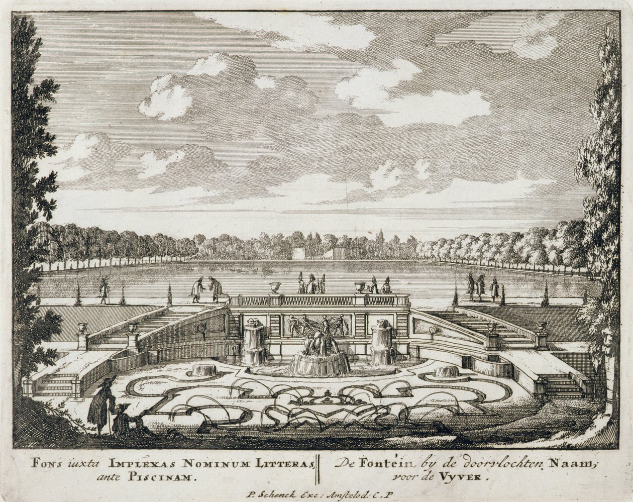 Suihkulähde ja vesisuihkut hollantilaisessa muodollisessa puutarhassa Jan van Callin (1656-1703) Admirandorum Quadruplex Spectaculumista, julkaistu ennen vuotta 1715 tekijältä Pieter Schenk
