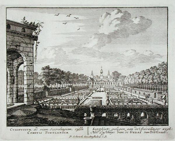 Talo ja puutarha Sorgvlietissä, Hans Willem Bentinckin (1649-1709), Portlandin ensimmäisen jaarlin kotipaikka, Admirandorum Quadruplex Spectaculumista, kirjoittanut Jan van Call (1656-1703), julkaistu ennen vuotta 1715 (engravi) tekijältä Pieter Schenk