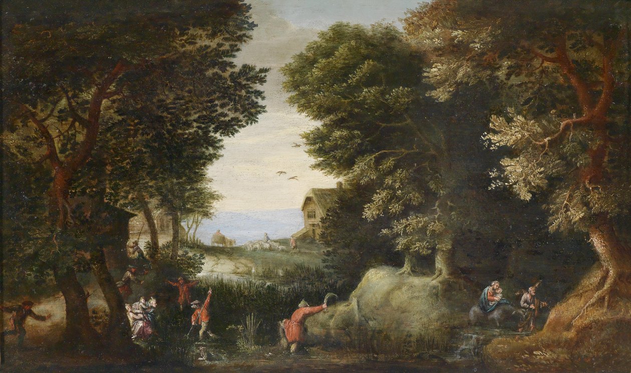 Bewaldete Landschaft mit Latona, die die lykischen Bauern in Frösche verwandelt tekijältä Pieter Schoubroeck