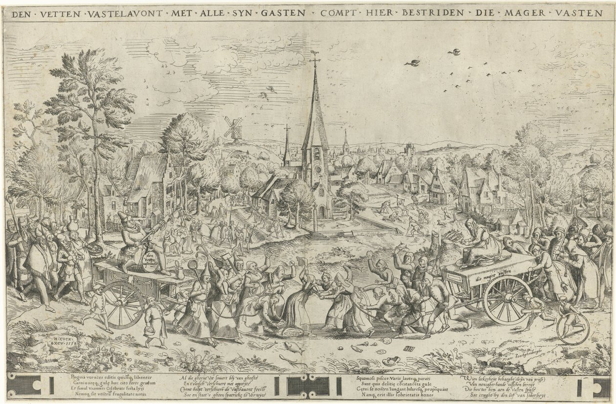 Taistelu karnevaalin ja paaston välillä, kaiverrus Pieter van der Heyden, 1558 tekijältä Pieter The Elder after Brueghel