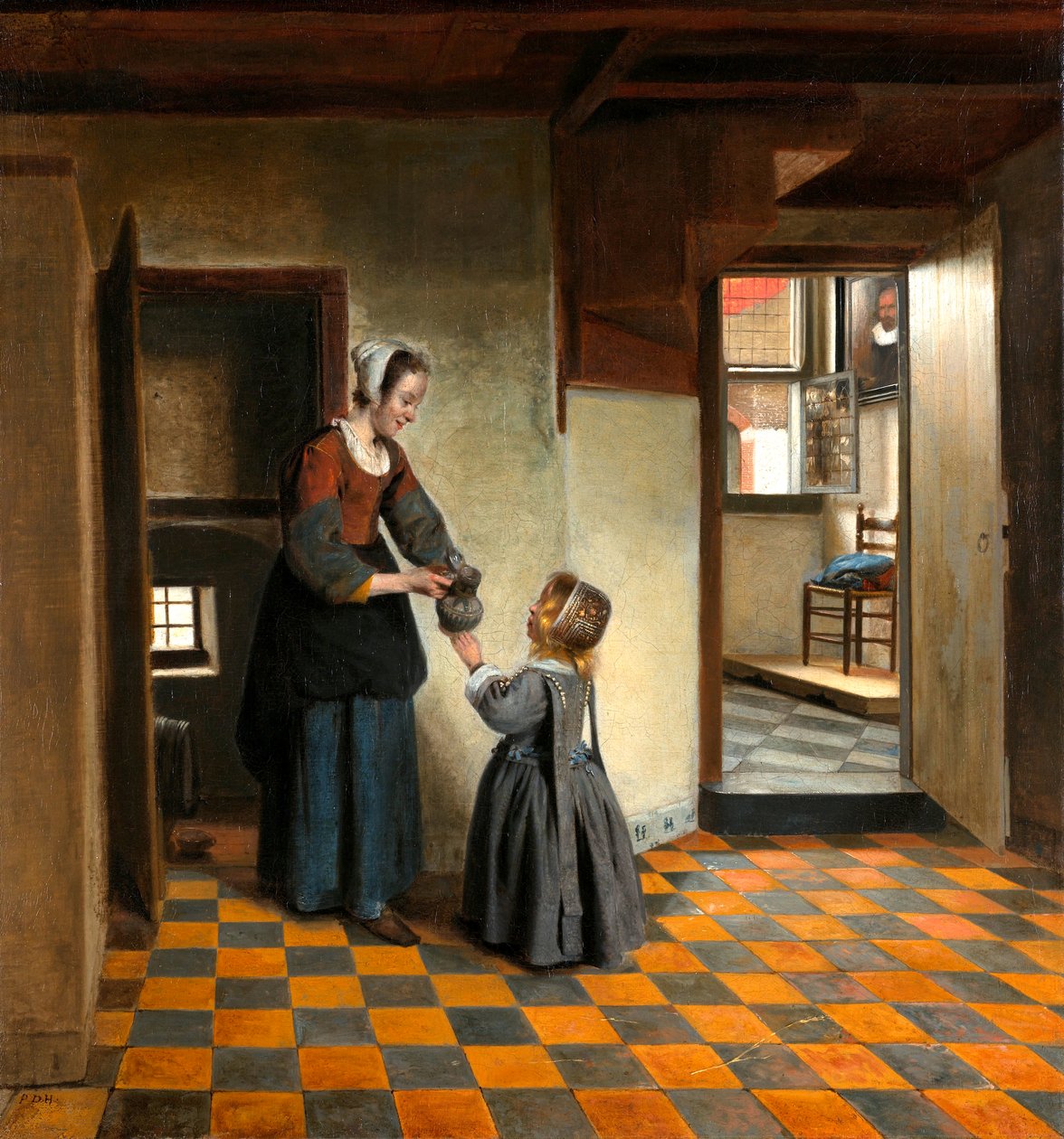 Nainen lapsen kanssa ruokakomeroon tekijältä Pieter de Hooch