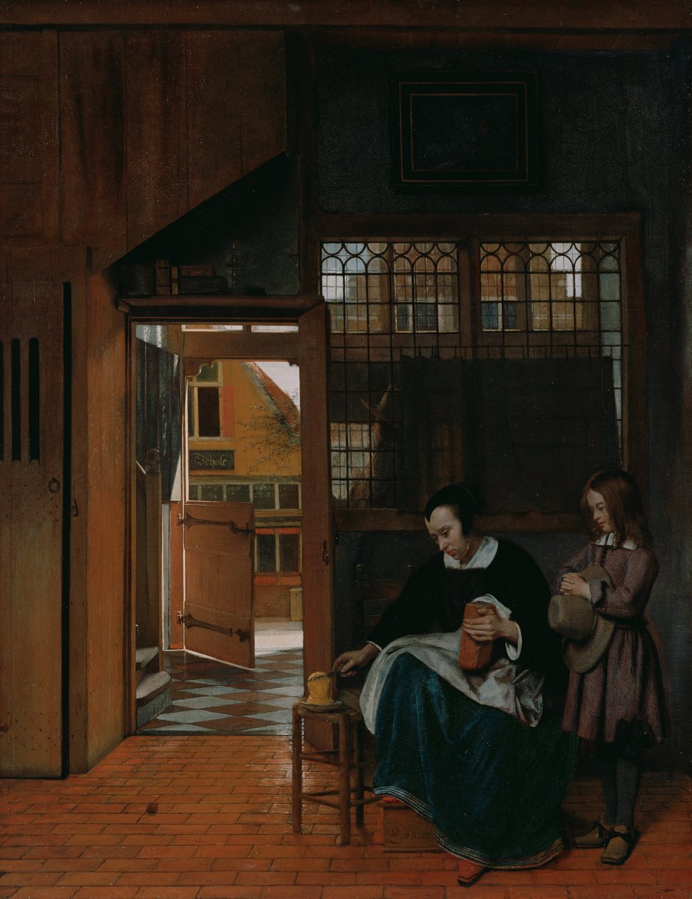 Nainen, joka valmistaa leipää ja voita pojalle tekijältä Pieter de Hooch