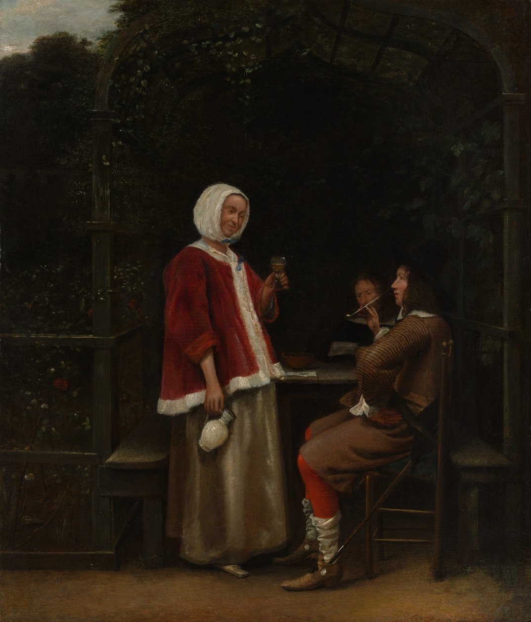 Nainen ja kaksi miestä lehtimajassa tekijältä Pieter de Hooch