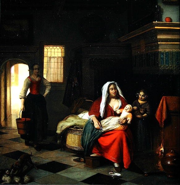 Sisustus, jossa on äiti ja hänen lapsensa tekijältä Pieter de Hooch