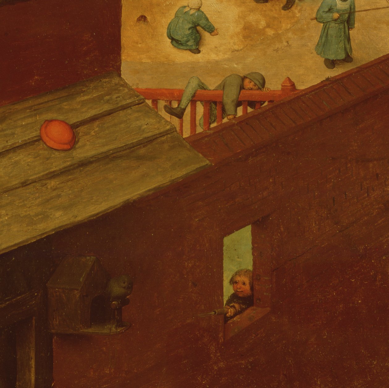 Lasten pelit, yksityiskohta vasemmasta osasta, jossa lapsi kiipeää aidan yli ja toinen ampuu lintua, 1560 tekijältä Pieter Bruegel the Elder