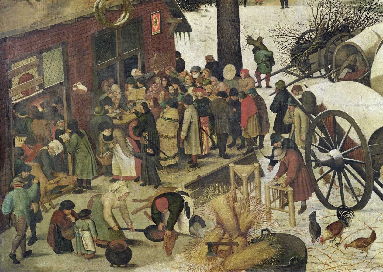 Betlehemin väestölaskenta, yksityiskohta verotoimistosta öljy kankaalle tekijältä Pieter Bruegel the Elder