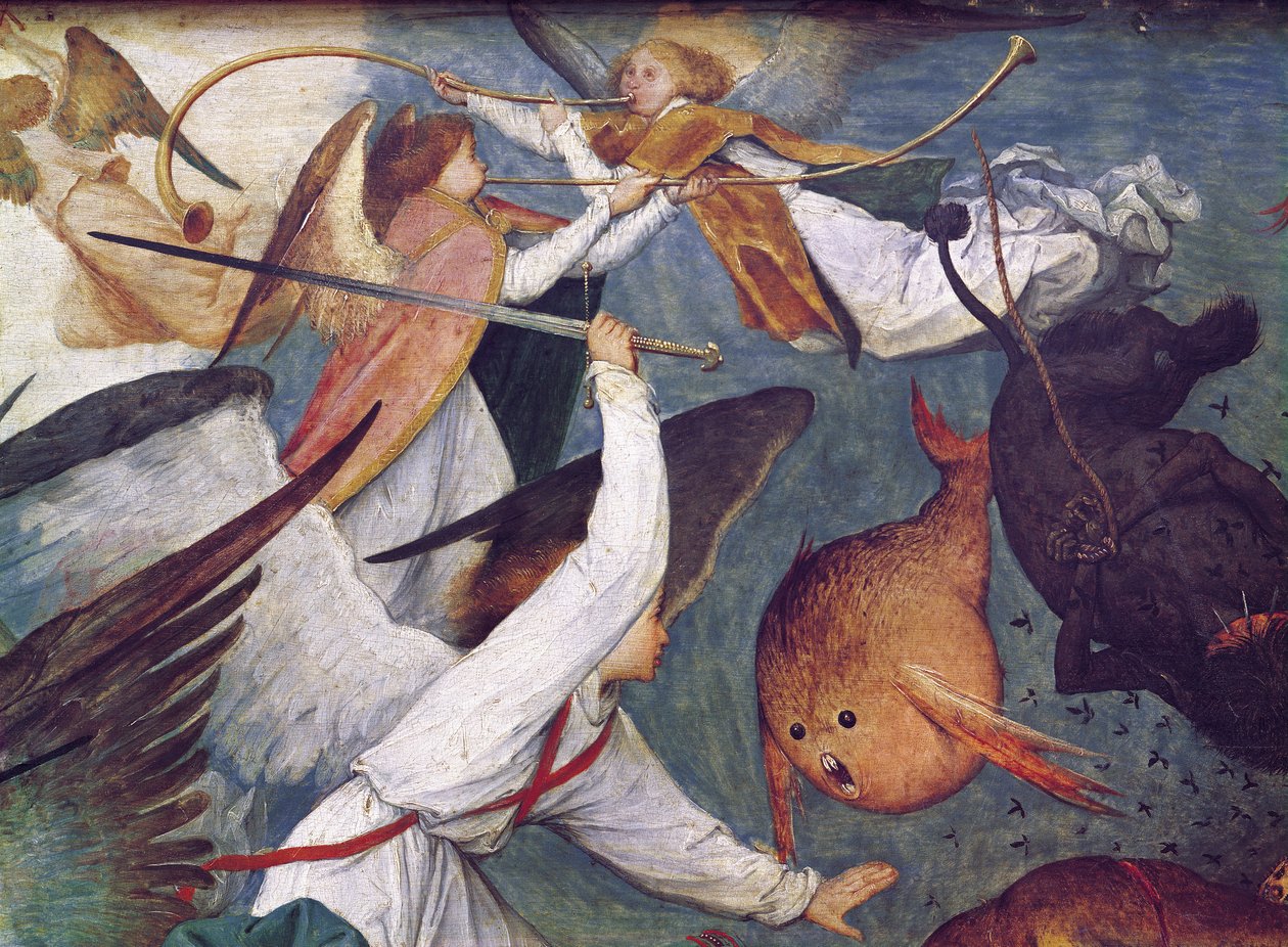 Kapinallisenkeleiden lankeemus, yksityiskohta enkeleiden taistelusta ja musiikin soitosta öljy paneelille tekijältä Pieter Bruegel the Elder