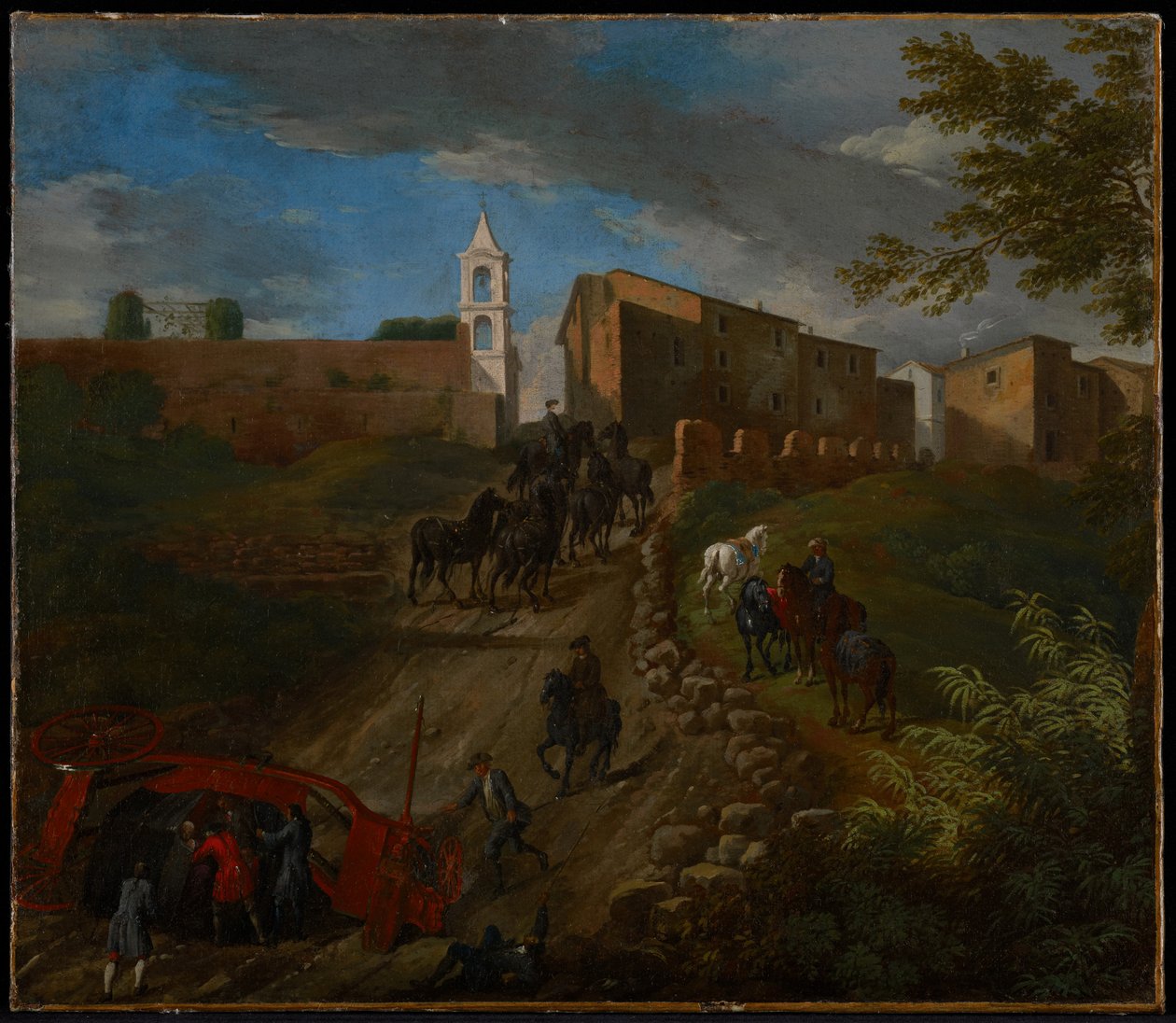 Valmentaja ja matkustajat Madonna del Riposossa lähellä Roomaa tekijältä Pieter van Bloemen