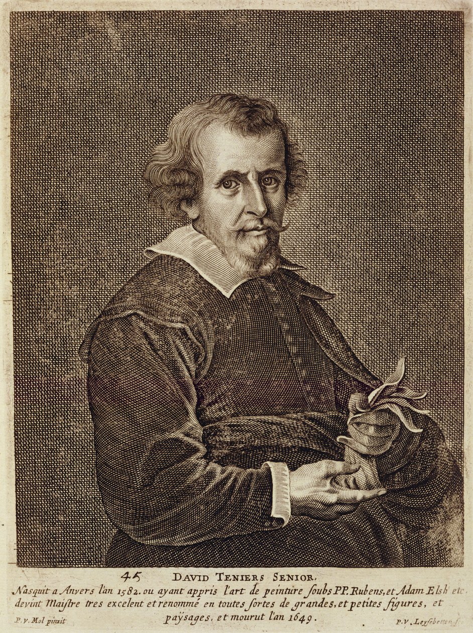 David Teniers I:n (1582-1649) muotokuva 45 taiteilijoiden muotokuvien sarjasta, kaiverrus Peter van Leysebetten (1630-n.1678) tekijältä Pieter van Mol