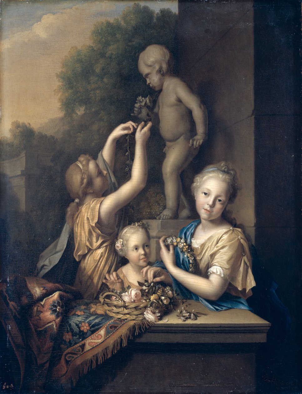Kolme tyttöä uhraa kukkia Amorille, 1710 tekijältä Pieter van der Werff