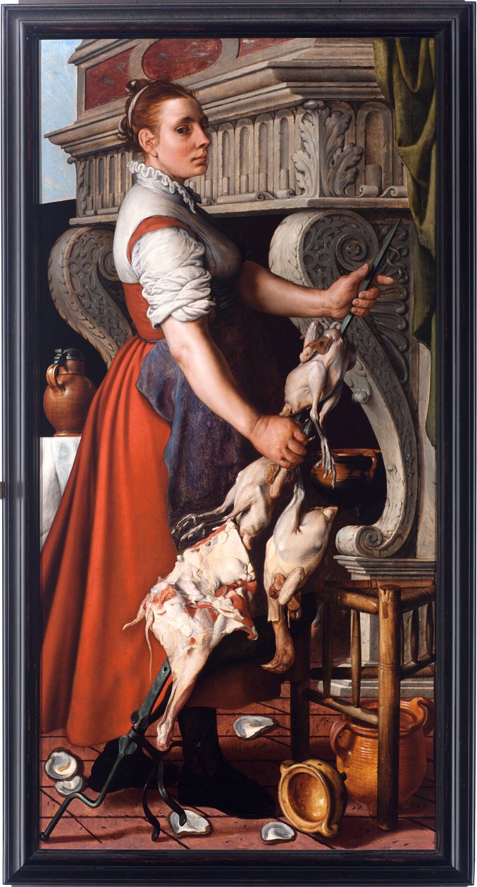 Liesi (The liesi) Nuori nainen brodeeraa siipikarjaa takan varrella - Pieter Aertsenin maalaus (1508-1575) 1559 Koko 165x85 cm Genes, Musei di Strada Nuova (ex Palazzo Bianco) tekijältä Pieter Aertsen