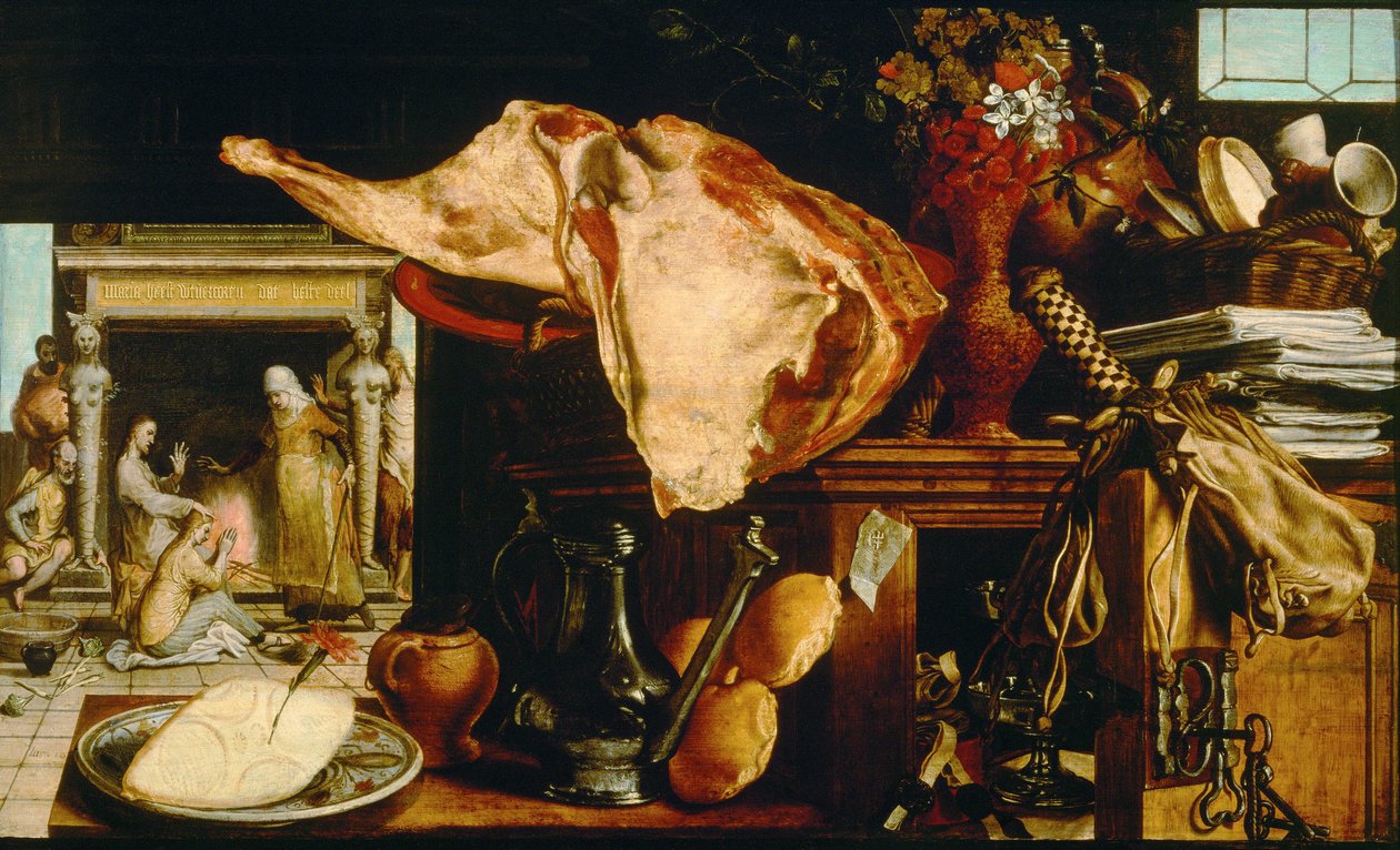 ""Vanitas et Christ chez Marthe et Marie"" (Turhamaisuus asetelma (Kristus Martan ja Marian talossa) Peinture de Pieter Aertsen (1508-1575) - 1552 - Öljy puulle Koko 61,5x101 cm Art History Museum, Vienne tekijältä Pieter Aertsen