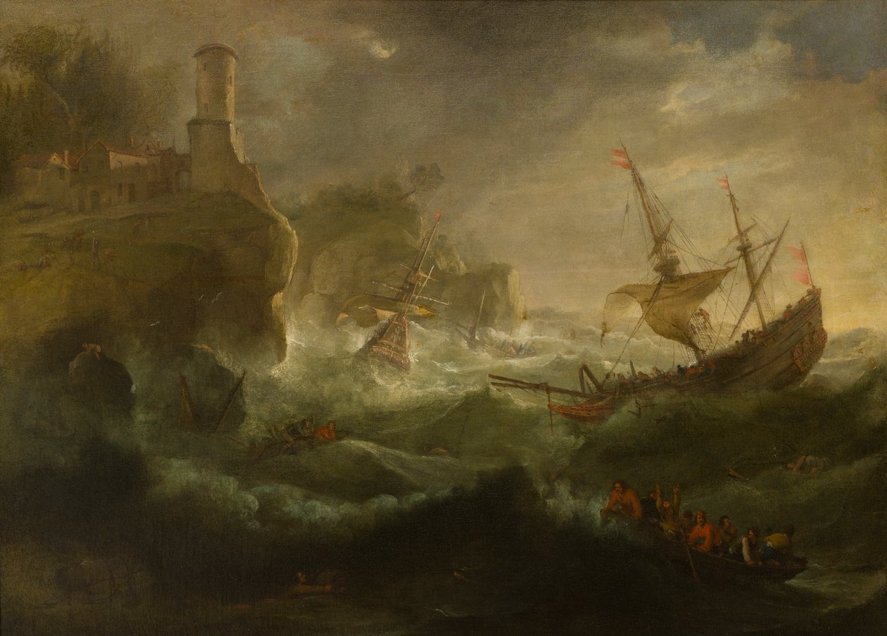 Alukset perustamassa kalliorannikolla, n. 1657-1701 (öljy kankaalle) tekijältä follower of Pieter Mulier