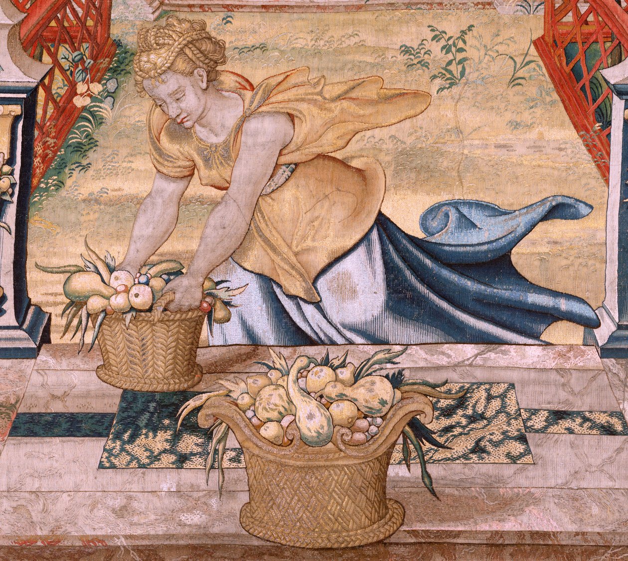 Flanderin kuvakudos. Sarjat Vertumnus ja Pomona.Vertumnus muuttuivat maanviljelijäksi. Alarajan keskiosassa näemme jakson Jupiterin rakkaudesta: Danaë. Sarjan toinen kuvakudos. Pieter Coecke van Aelstin mallipiiri. Valmistus Wil tekijältä Pieter (circle of) Coecke van Aelst