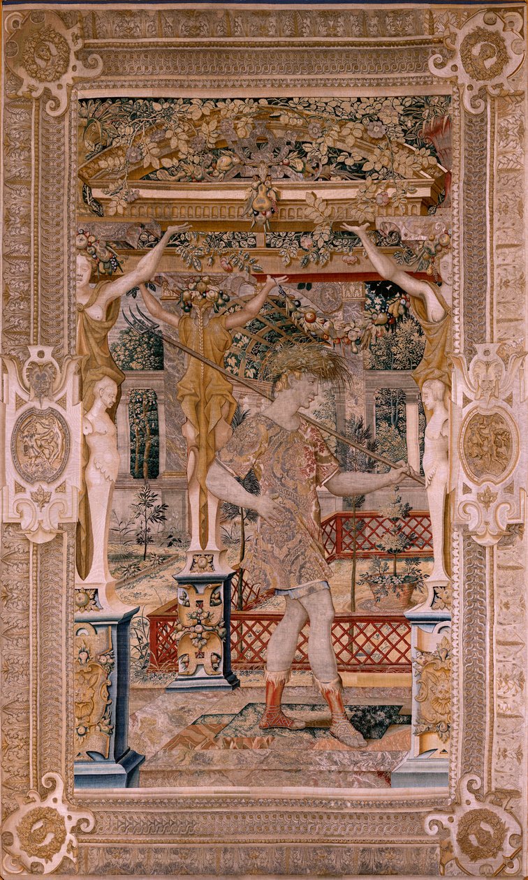 Flanderin kuvakudos. Sarjat Vertumnus ja Pomona.Vertumnus muuttuivat maanviljelijäksi. Sarjan toinen kuvakudos. Vasen osa Daphnen transformaatiota. Pieter Coecke van Aelstin mallipiiri. Valmistus Wilhelm Pannemaker, Bryssel. Noin 1545-1550. Fabri tekijältä Pieter (circle of) Coecke van Aelst