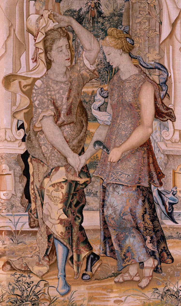 Flanderin kuvakudos. Sarjat Vertumnus ja Pomona. Vertumnus paljastaa henkilöllisyytensä Pomonalle (Vertumno se descubre ante Pomona). Sarjan kahdeksas kuvakudos. Pieter Coecke van Aelstin mallipiiri. Valmistus Wilhelm Pannemaker, Bryssel. Noin 1545-1550. F tekijältä Pieter (circle of) Coecke van Aelst