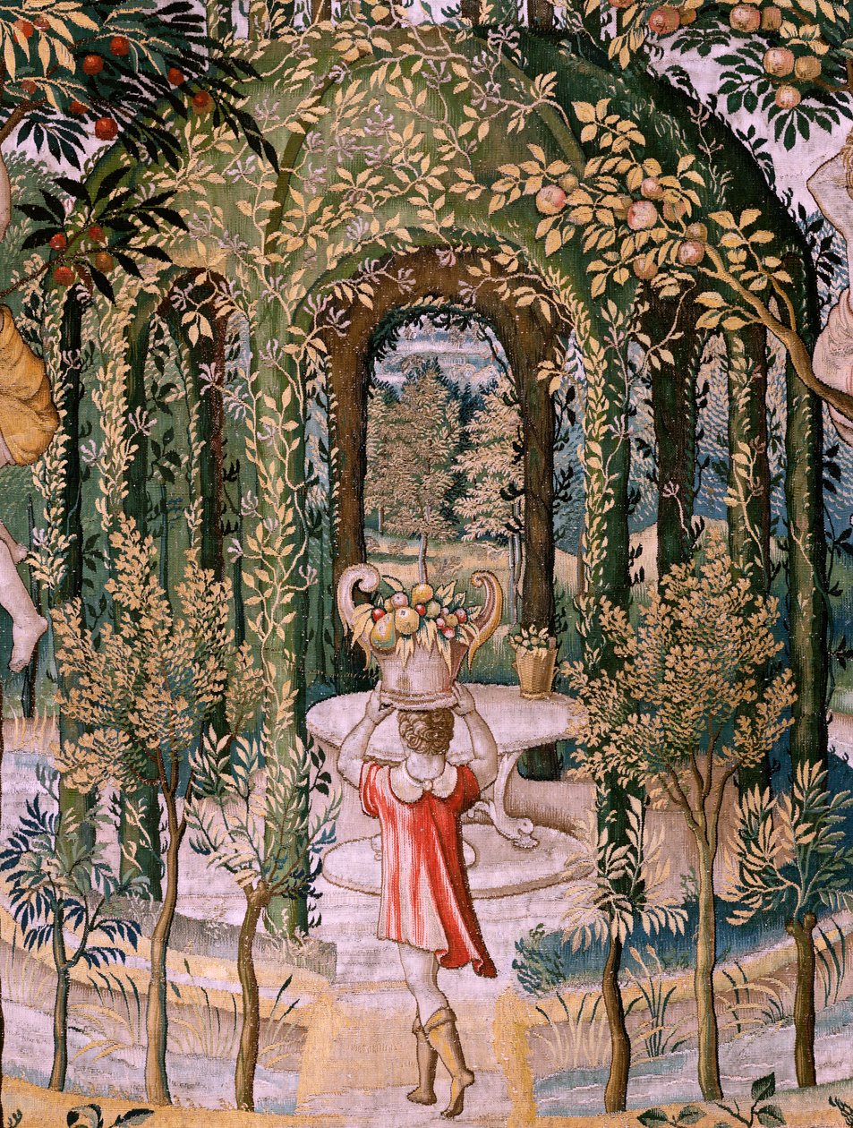 Flanderin kuvakudos. Sarja Vertumnus ja Pomona; Vertumnus muuttui puutarhuriksi (Vertumno transformado en jardinero). Sarjan viides kuvakudos. Pieter Coecke Van Aelstin ja Léonard Thiryn mallipiiri. Valmistus Tuntematon työpaja, Bryssel, befo tekijältä Pieter (circle of) Coecke van Aelst